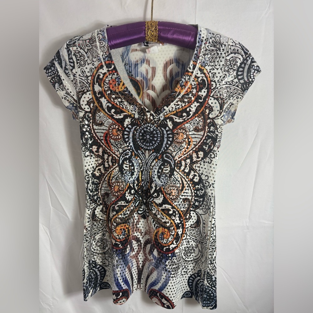 White Paisley Embellished Cybergrunge Body-con Short Sleeve Boho V-neck Size S